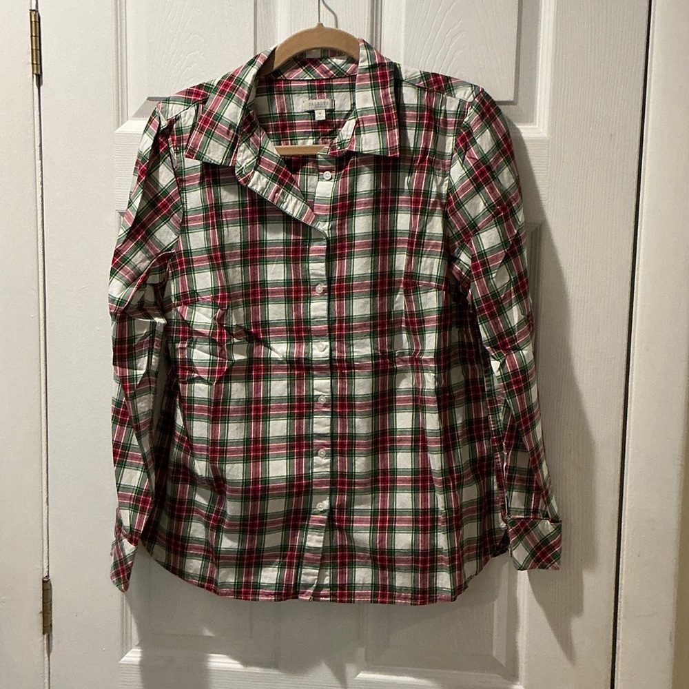 Talbots Women's Red and Green Plaid Button-Down Shirt Size Medium